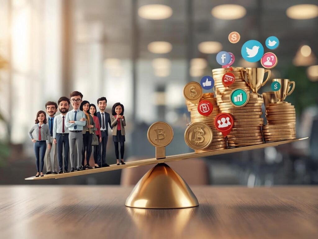 A-close-up-photorealistic-image-of-a-balanced-scale_-one-side-weighted-with-thriving-agency-people-scaled